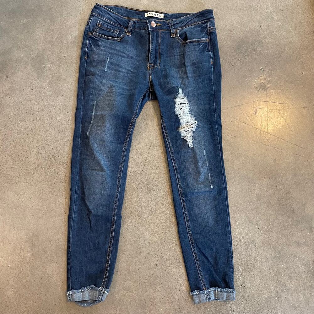 Encore dark denim mid rise distressed skinny jeans girls juniors 7 pants